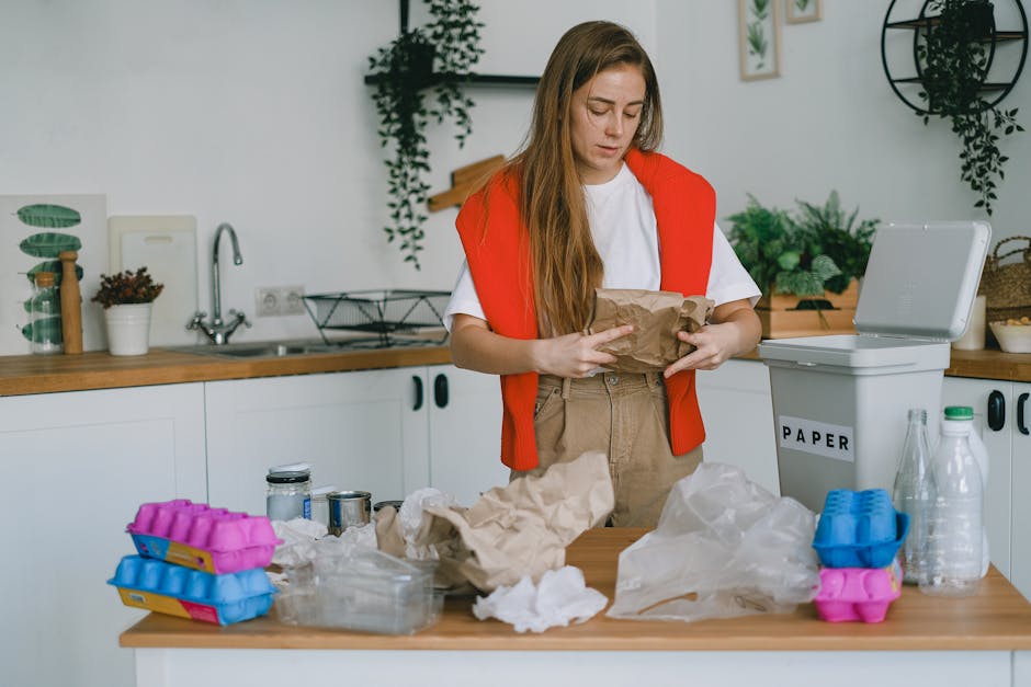 A young woman with long brown hair, wearing a white t-shirt and a red cardigan draped over her shoulders, is standing at a kitchen countertop and holding a brown paper bag. The countertop is cluttered with crumpled newspaper, empty plastic bottles, and stacks of pink and blue plastic ice cube trays, indicating she is sorting household waste. In the background, there are white kitchen cabinets with black handles, a stainless steel sink with a chrome faucet, and various small potted plants and decorative items on the wall shelves. To her right, a white recycling bin labeled 'PAPER' is partially visible, with a white lid slightly open, and nearby is an empty glass bottle. The environment appears well-lit with natural light, contributing to an atmosphere of organized waste sorting, which is relevant to independent rubbish disposal services offered by Rubbish Removal Highbury, especially for household waste management following local council rules for rubbish collection.
